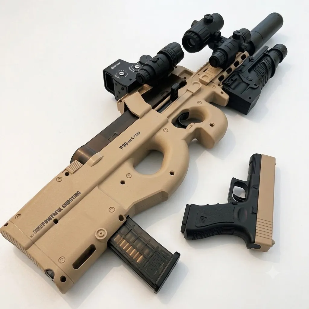 IMG_2433 P90 Tactical Gel Ball Blaster Kit – Full Accessory Set with Glock Sidearm, Scope, Suppressor & Safety Gear (Desert Tan) - Image 1