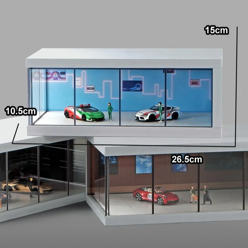 Car Showroom Scene Diorama with Lights (Black/Brown/Blue) (Does not include figures or model cars) Car Showroom Scene Diorama with Lights (Black/Brown/Blue) (Does not include figures or model cars) - Image 1