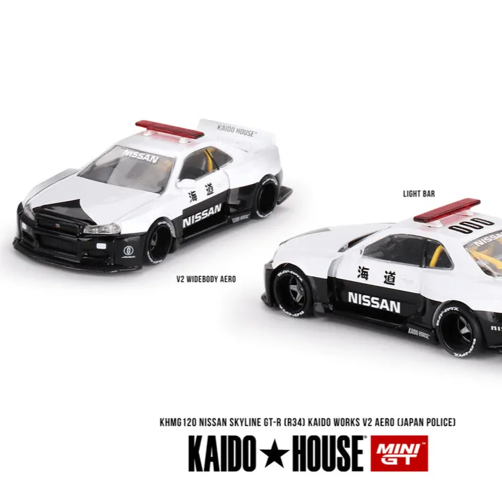 Kaido House + Mini GT 1:64 Nissan Skyline GT-R R34 Kaido Works (V2 Aero) Police KHMG120 Kaido House + Mini GT 1:64 Nissan Skyline GT-R R34 Kaido Works (V2 Aero) Police KHMG120 - Image 1